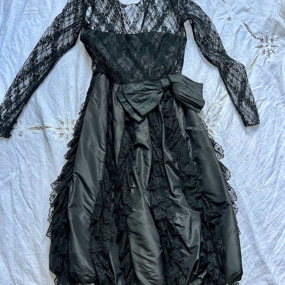 Vintage 80s Bill Blass Black Lace Party Dress Silk Taffeta Formal Dress